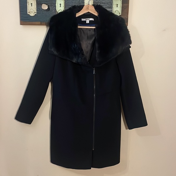 DKNY Black Asymmetrical Wool Mix Coat with Faux Fur Collar Size 14 - Picture 6 of 16